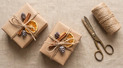 Fototapeta premium Recycled kraft paper autumn gift wrapping flat lay with jute twine dried orange slices cinnamon sticks and brass scissors 