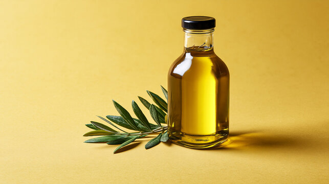 A glass bottle of golden extra virgin olive oil with a fresh green olive branch on a warm yellow background. Perfect for culinary and healthy nutrition themes.
