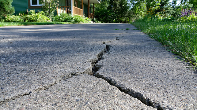 A large crack runs across the weathered concrete driveway of a residential home under bright daylight. This image is perfect for illustrating property damage and home repair needs.
