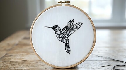 Fototapeta premium Hummingbird line art embroidery in wooden hoop on fabric, featuring
