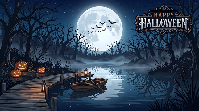 Spooky Halloween night scene with full moon, lake, pumpkin, boat, and fog. Happy Halloween graphic illustration with vintage vintage atmosphere and forest landscape view for card design.