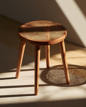 A small round wooden stool with a woven rattan seat, featuring three legs and casting a patterned shadow on a light-colored floor surface