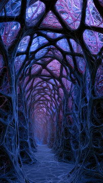 Surreal Purple Organic Forest Tunnel with Bioluminescent Branches and Futuristic Fantasy Atmosphere