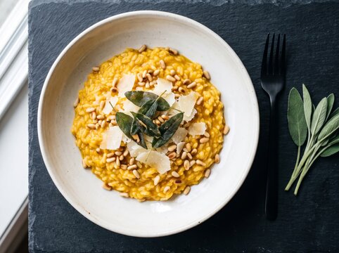 Creamy pumpkin risotto in artisanal ceramic bowl topped with crispy fried sage parmesan shavings and pine nuts

