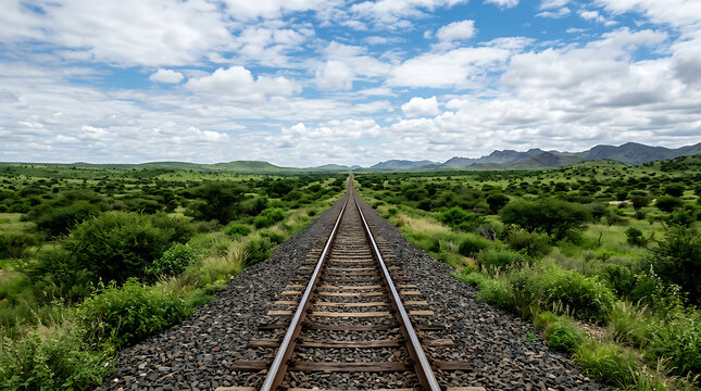 Rustic railway tracks stretching through green countryside.