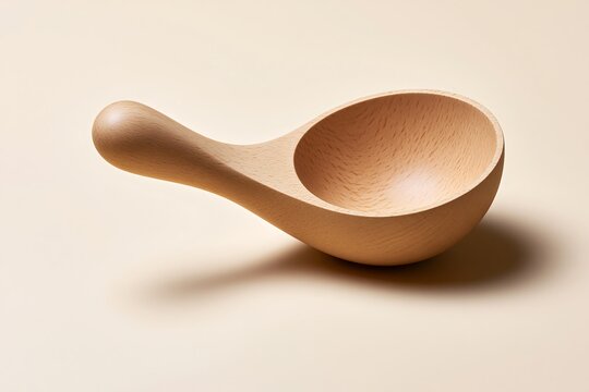 A wooden scoop with a rounded handle and deep bowl, resting on a light beige surface with a soft shadow cast to the right of the