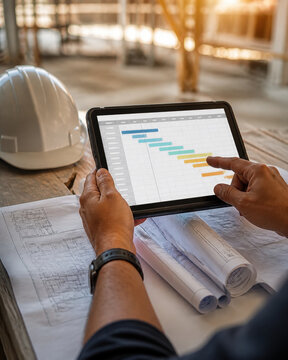 Architect Reviewing Construction Schedule for Building Project Planning Site Coordination Timeline Control and