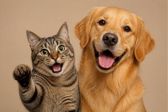Tabby cat waves with playful eyes. Golden retriever smiles wide, tongue out. Both animals look joyful, friendly, and alert. Perfect for pet ad campaigns or family themes