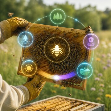Beekeeper Holding Honeycomb with Pollination Health Hologram for Smart Apiary Monitoring