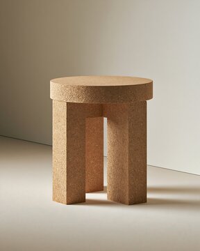 Minimalist round stool made of natural cork with a textured brown surface, featuring three thick legs on a light beige floor surface