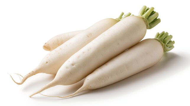 Several long white daikon radishes with vibrant green tops lying together on a clean white surface for fresh vegetable market display imagery