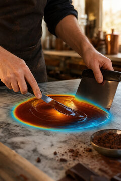 Chocolatier Tempering Chocolate with Thermal Surface Map for Precision Temperature Control and Premium Confectionery