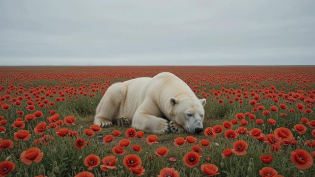 Polar Bear Resting in Endless Red Poppy Field as Climate Change Concept
