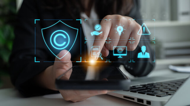 Digital copyright protection system showing secure ownership, intellectual property rights, content verification, and legal warning icons for creators and publishers Latch