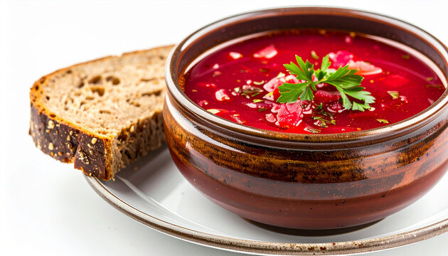 Rustic Ukrainian borscht with slice of rye bread, rich red beet broth, homemade food. Appetizing dish. Cooking and culinary concept. Close-up.