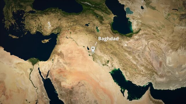 Satellite globe animation zooming to Baghdad, Iraq featuring a white location pin, concentric circle highlight and typography for a travel graphic template