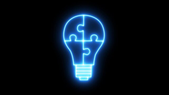 Glowing Light Bulb with Puzzle Pieces icon. Neon light bulb and puzzle icon combining. symbolizing creativity, problem solving, innovation, solution finding, brainstorming, and smart thinking. 4k
