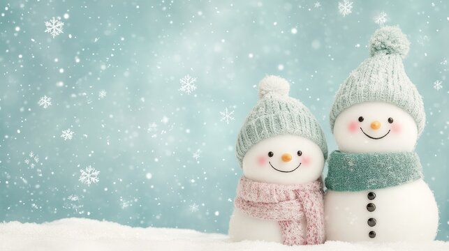 Two Cute Snowman on the snow. Christmas and New Year Background, copy space