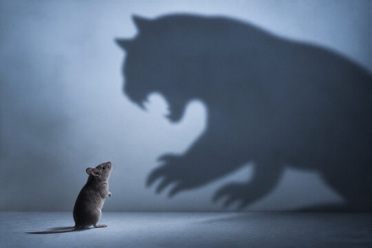 Tiny mouse faces giant shadowed predator. Mistake? Fear? Smallness versus overwhelming power. Shadow looms large, jaws open, claws ready. Mouse stands still, vulnerable, alert