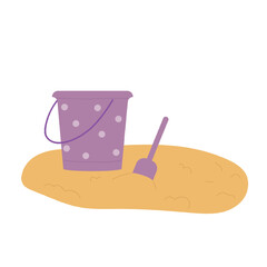 Fototapeta premium Children toys for beach, family summer sea vacation vector illustration. Cartoon cute bucket and shovel toys for child building sand castle isolated on white
