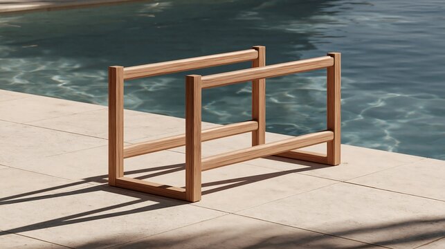 A wooden rack or frame structure made of light-colored timber, positioned on a tiled pool deck next to shimmering blue water in bright sunlight