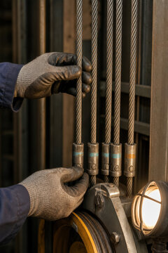 Elevator Maintenance Technician Scanning Cable Tension in Lift Shaft for Safety Inspection and Predictive Service