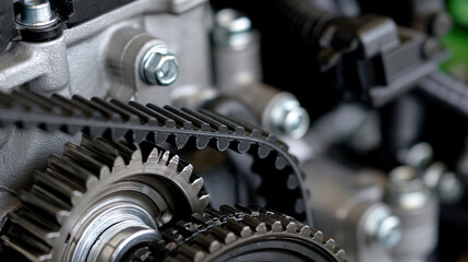 Fototapeta premium Close-up of a timing belt and gears in an engine. Automotive mechanics and repair concept.