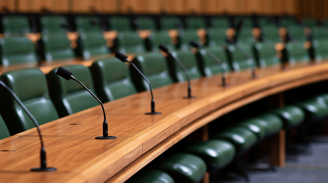 Empty lecture hall with rows of green chairs and microphones at a wooden table. For government or business meeting.