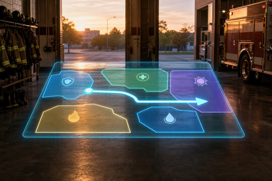 Fire Station Emergency Response Route Hologram in Empty Apparatus Bay for Rapid Dispatch and Urban Rescue Planning