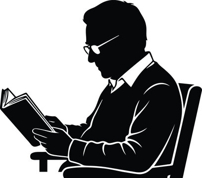 Older man reading book vector illustration in black silhouette line art style for projects.