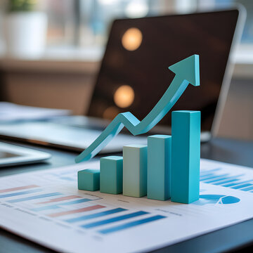 Three-dimensional blue financial growth chart with rising arrow on business analytics report and laptop background