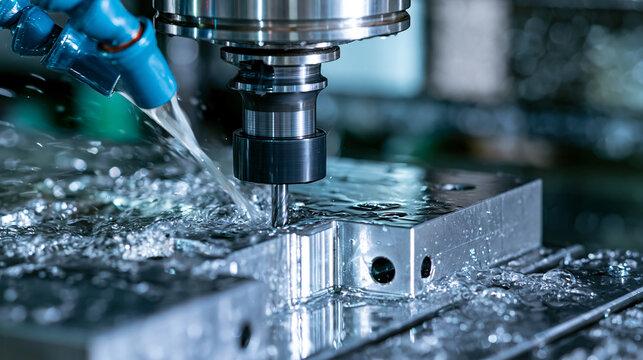 A CNC milling machine cuts a metal part with coolant fluid splashing for precision. This industrial manufacturing scene highlights advanced metalwork technology and engineering.