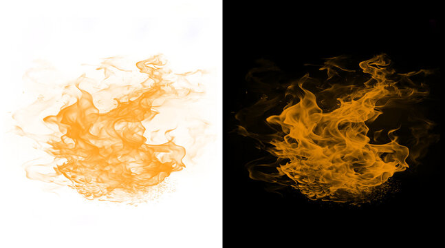 Realistic orange fire flames set, blazing heat explosion on black and white backgrounds, burning fire elements for visual effects