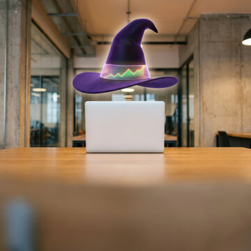 Purple floating wizard hat with glowing band above blank laptop modern office, expressing creative technology and digital business concept with