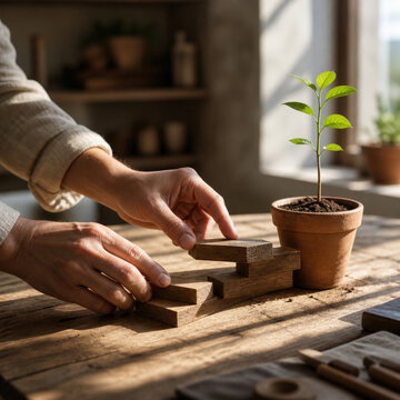 Hands Building Wooden Steps with Seedling for Career Growth Professional Development Success and Long Term Progress