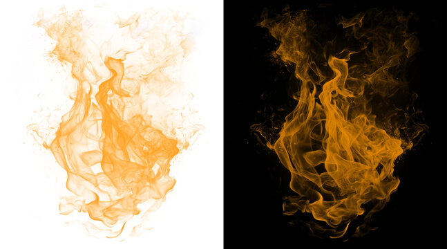 Realistic orange fire flames on black and white backgrounds, blazing heat fire effect, glowing smoke and fire textures for design overlays