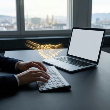 Hands type on keyboard beside laptop as glowing digital handshake symbolizes remote business connection in modern office setting with copy space