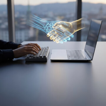 Business handshake hologram above keyboard and laptop suggests secure digital partnership, trust, and futuristic office collaboration with clean