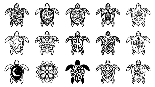 Set of black and white sea turtle icons with tribal patterns and decorative shell designs