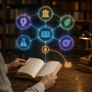 Librarian Managing Book Collection with Circulation Hologram for Digital Library Inventory Lending and Reader Services