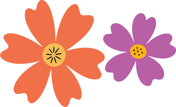 Two colorful flat flowers icons in orange and purple shades for spring design