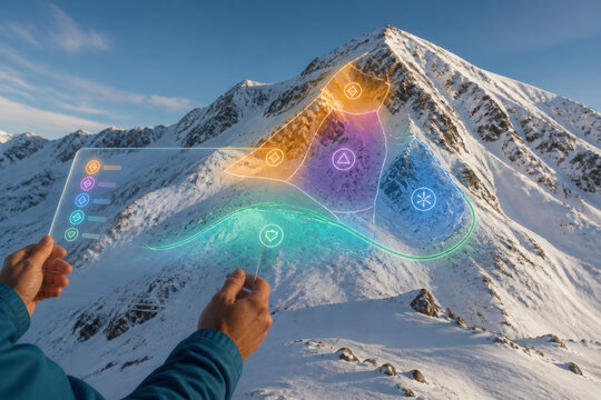 Mountaineer Assessing Alpine Avalanche Risk with Digital Snow Slope Hologram for Mountain Safety and Route Planning