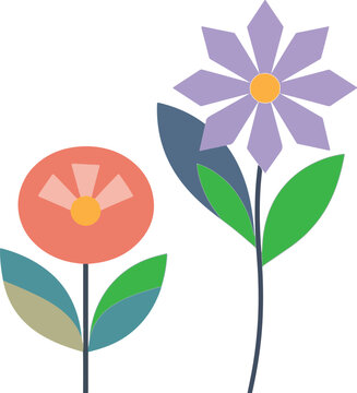 Two colorful flat vector flowers with green leaves isolated on white background