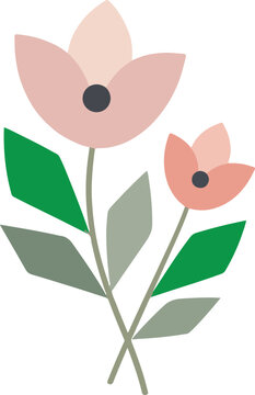 Simple flat vector illustration of two colorful flowers with green and grey leaves