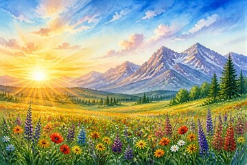 Obraz premium Golden sun bathes wildflowers and distant mountains. Vibrant blooms stretch across golden meadows. Evergreen trees frame the serene valley view. Sunbeams pierce clouds above jagged peaks