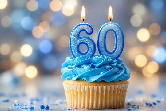 Blue candle shaped as "60" glows atop a cupcake. Frosted swirls and sprinkles adorn the sweet treat. Background features blurred bokeh lights in soft blue tones