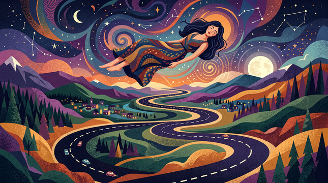 serene, dreamlike nocturnal landscape featuring a tranquil sleeping woman dreaming