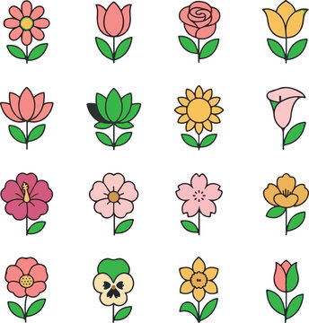 Set of colorful flower icons with various blossoms and green leaves