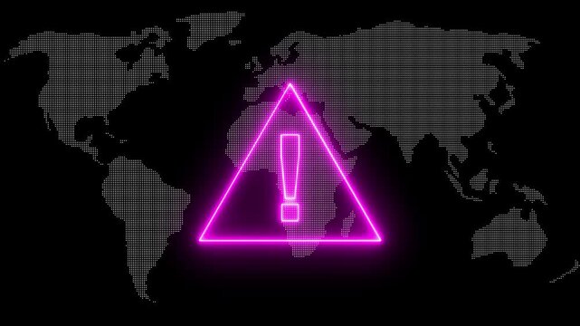 Neon line warning sign on black background, digital alert symbol animation caution danger, Warning attention icon signal, alert, risk, safety, danger road warning sign animated. 4k