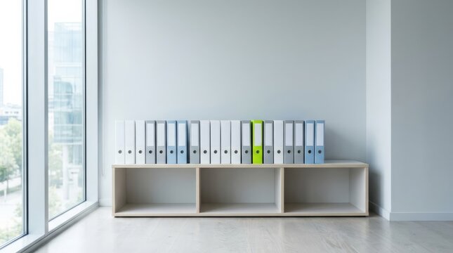 Neatly organized binders on a modern shelf with a bright lime green accent folder, offering ample copy space for branding in a minimalist office.
